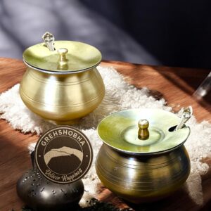 Pure Brass Multipurpose Storage Pot with Lid & Spoon – Antique & Matte Finish