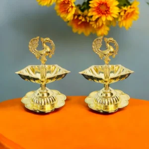 Peacock diya (set of 2) pure brass dye cast deepak for pooja, hawan, festival| home and temple decor