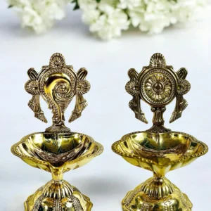 Brass Shankh Chakra Aarti Diya | Shell Chakra Brass (Pack of 2) Table Diya Set