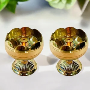 Pure Brass Tomato Nanda Diya for Puja Brass (Pack of 2) Table Diya Set (Height: 3 inch