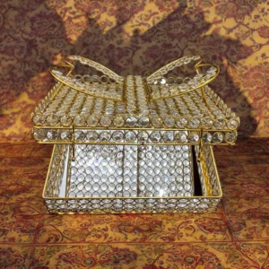 Holy Quran Sharif Rihal Stand / Holder | Golden Toned with Crystal Glass Beads Religious Book Stand, Quran Rehal Box Vanity Box (Gold)