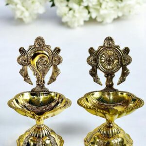 Grehshobha Brass Shankh Chakra Aarti Diya | Shell Chakra Brass (Pack of 2) Table Diya Set