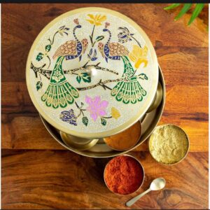 Pure Brass Round Masala Box Peacock Design | Traditional Spice Storage Container | Kitchen Essentials