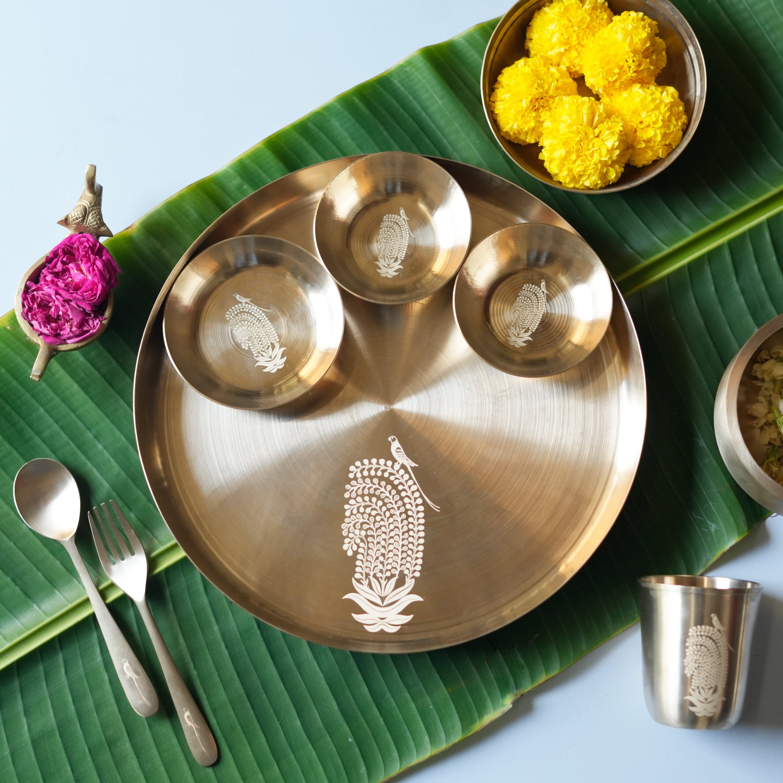 Grehshobha Pure Lead Free Bronze Kansa Dinner Set with Laser Cut Bird Design