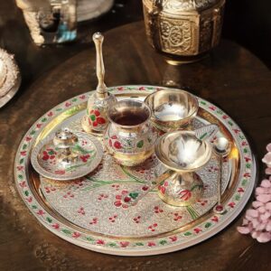 Grehshobha Pure Brass Pooja Thali Set | Lead Free Brass Pujan Thali for Hindu Worship, Festivals & Gifting