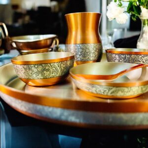 Grehshobha Pure Bronze Kansa Dinner Set Lead Free Orange Metallic Traditional Tableware
