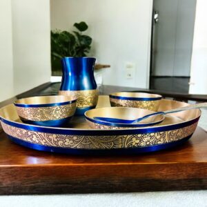 GREHSHOBHA PURE KANSA DINNER SET – ROYAL BLUE METALLIC