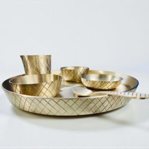 Grehshobha Handmade Pure Bronze Kansa Lead-Free Dinner Set (Handmade Checks Design)