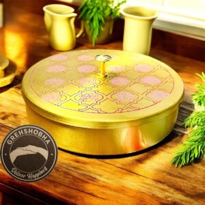 Grehshobha Brass Lotus Design Masala Box | Premium Spice Container for Kitchen | Traditional Indian Masala Daani